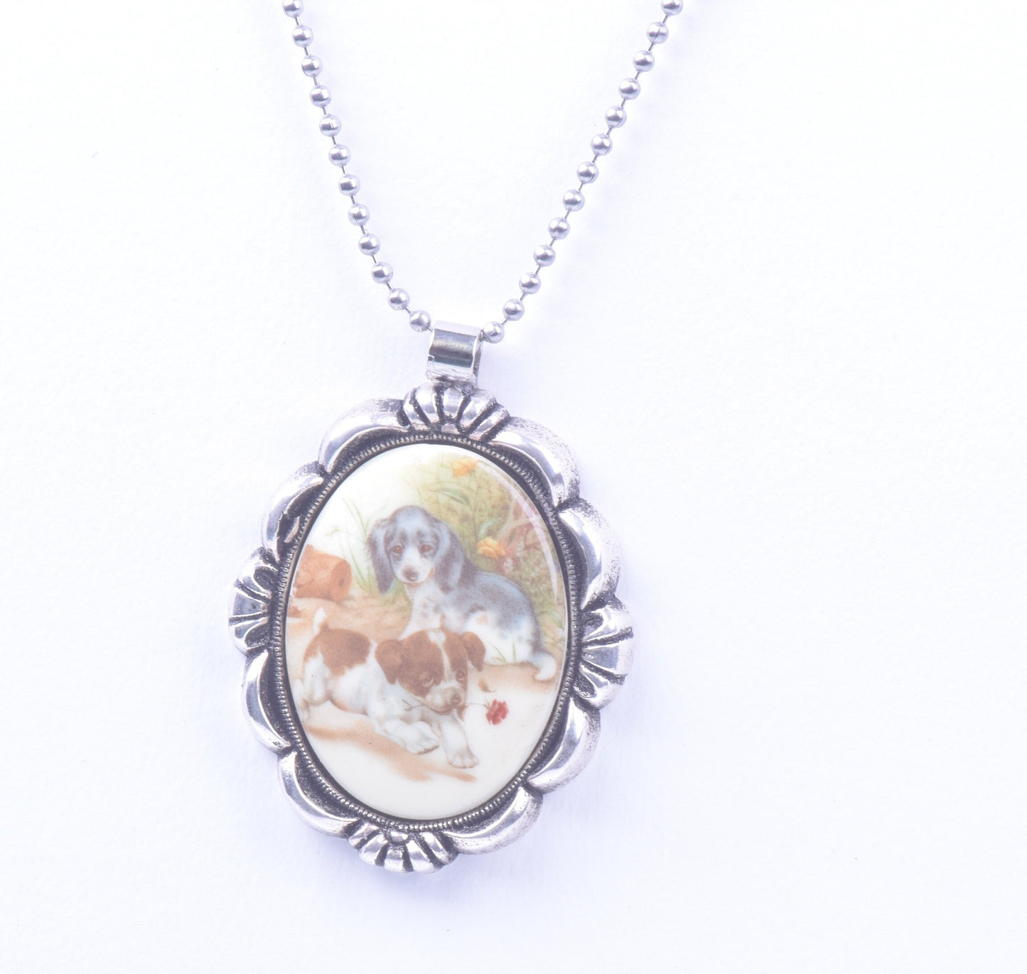 40mm Puppy Dog Cameo Necklace, Vintage Litho Cabochon in filigree setting, gift bag, 18" or 24" chain, antique gold or antique copper, Each