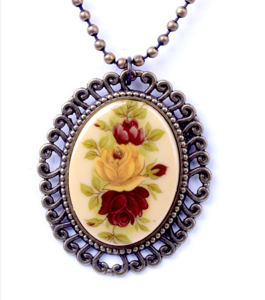 Floral Rose Cameo Necklace, Vintage Litho Cabochon in filigree setting, gift bag, 18" or 24" chain, antique gold or antique copper, Each