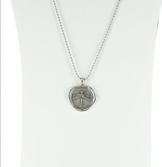 Dragonfly Wax Seal Necklace in Gift Bag, 16", 18" or 20", HandMade in USA, 35mm, antique silver or antique gold, 1 each