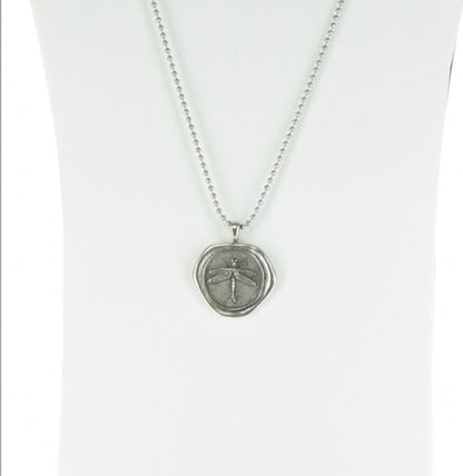 Dragonfly Wax Seal Necklace in Gift Bag, 16", 18" or 20", HandMade in USA, 35mm, antique silver or antique gold, 1 each