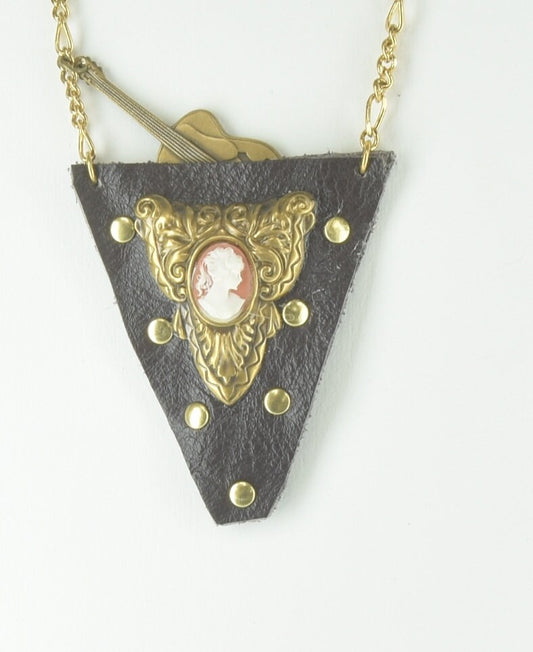 Leather Pouch Purse Necklace, reclaimed black leather with antique gold findings, Guitar with Cameo, Made in USA, Each