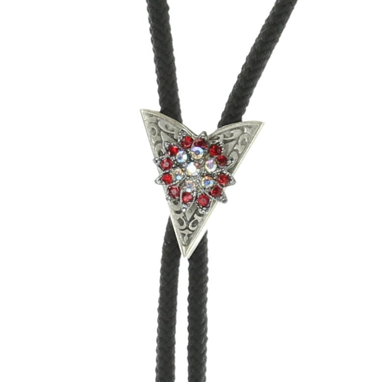 Red Crystal Star Flower BoloTie with AB stones, 36" black, red or olive green cord with silver tips, Made in USA, Each