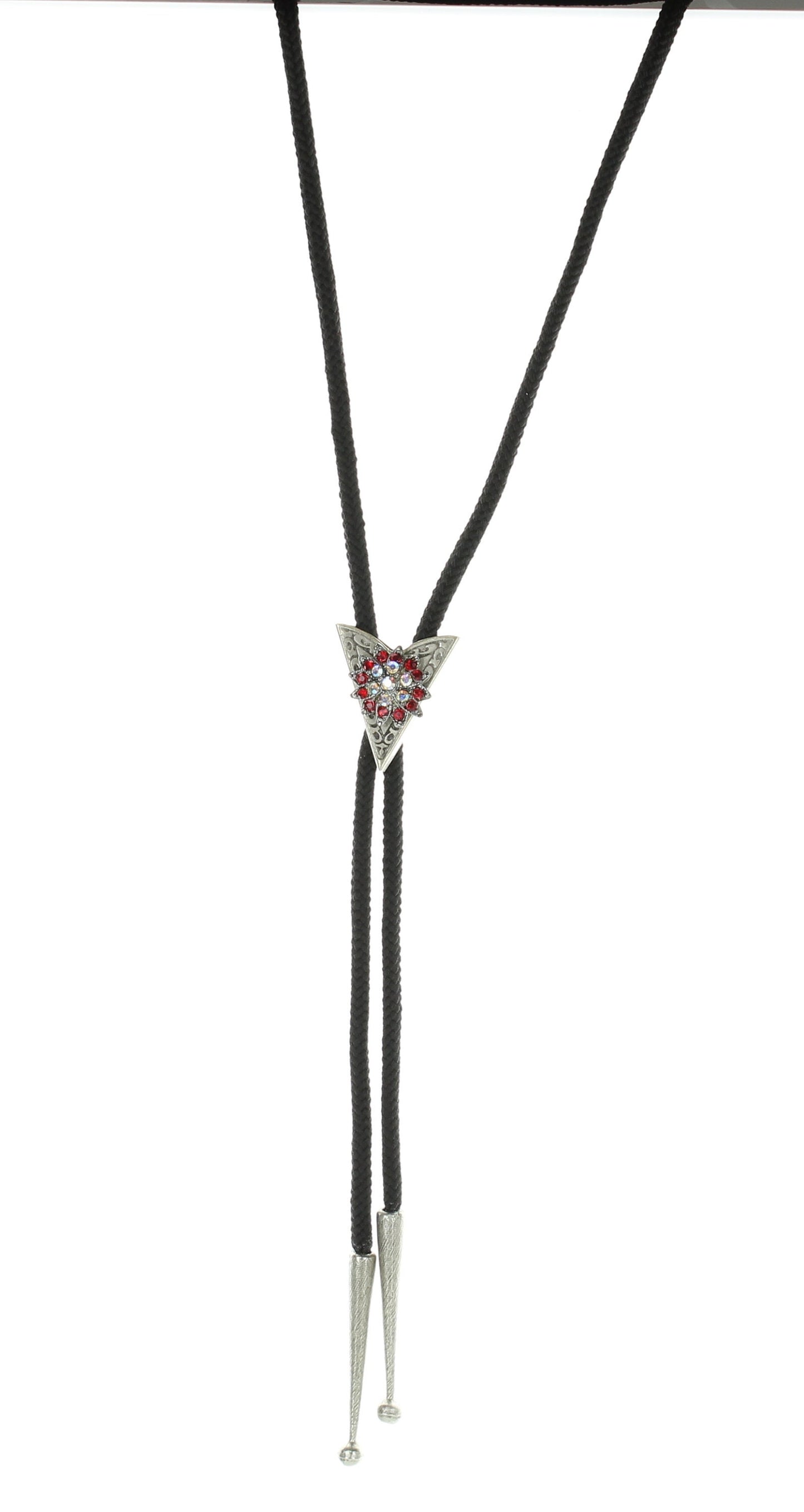 Red Crystal Star Flower BoloTie with AB stones, 36" black, red or olive green cord with silver tips, Made in USA, Each