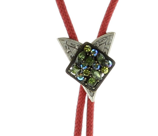 Olivine Green Crystal Bolo Tie withAB stones, 36" black or olive cord with silver tips, Made in USA, Each