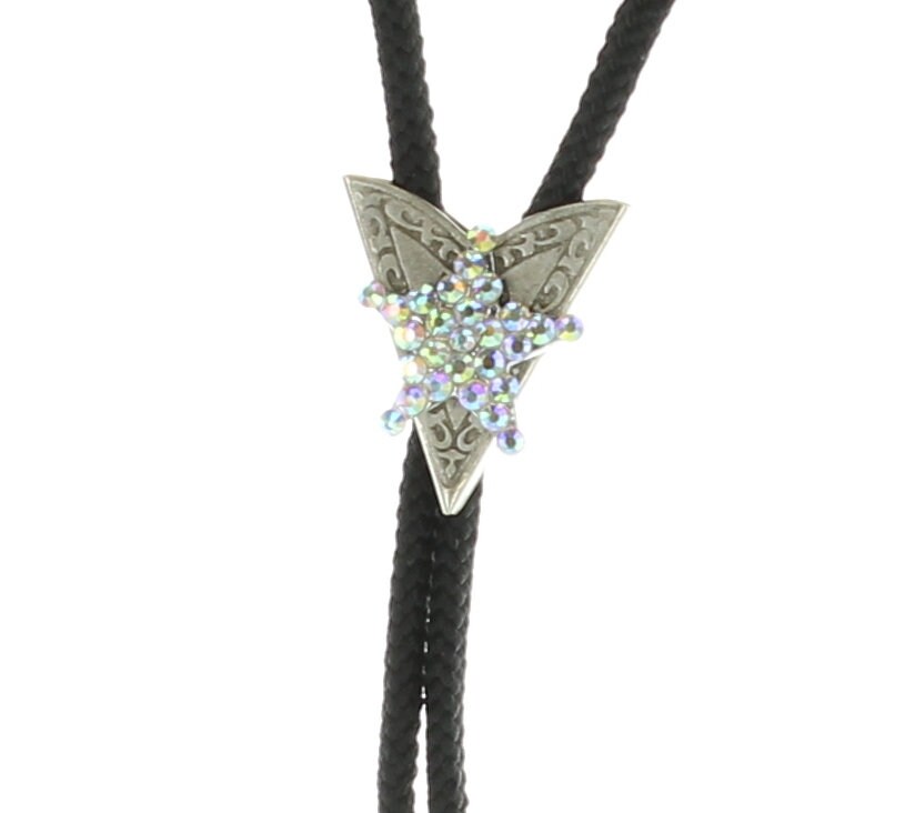 Crystal Star Bolo Tie, AB crystals, 36" black, olive, turquoise or red cord with silver tips, Made in USA, Each