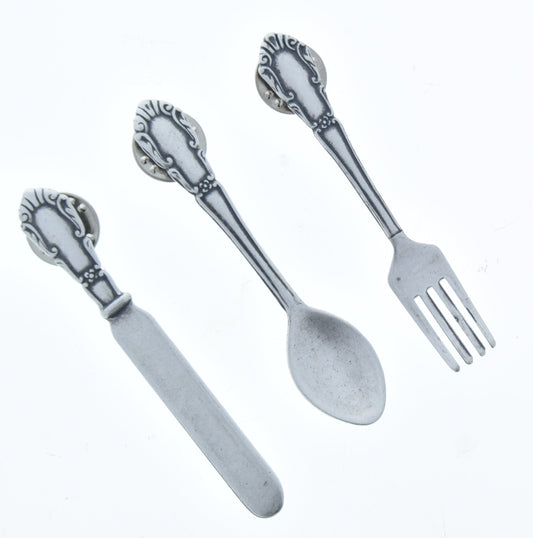 5" Tie Tacks Bon Appétit Chef Baker Cutlery Lapel Pins "Keep Your Fork, The Best is Yet to Come", Knife Spoon Fork, antique silver, Each