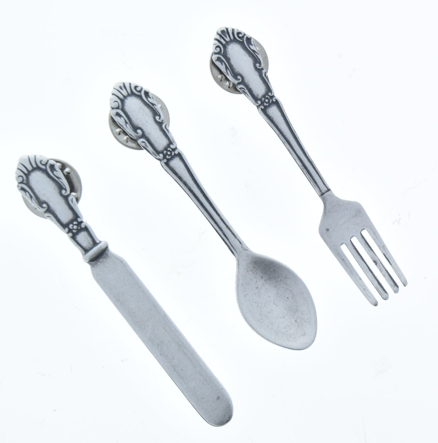 Cutlery Lapel Pin Set, antique Silver, Made in USA, set of 3