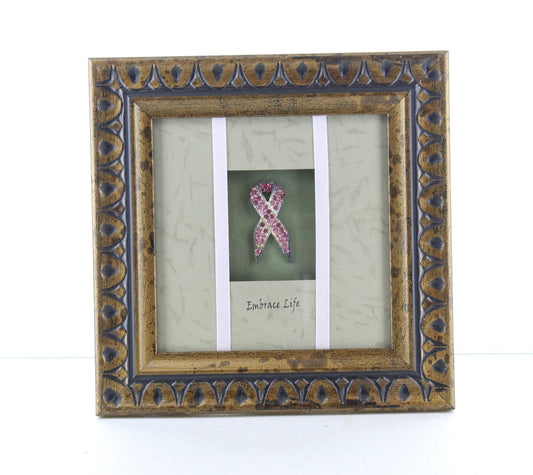 Shadow Box frame "Embrace Life" with Pink Crystal Ribbon, Breast Cancer Encouragement Fram Art, 7" sq,   SOLD BY EA.