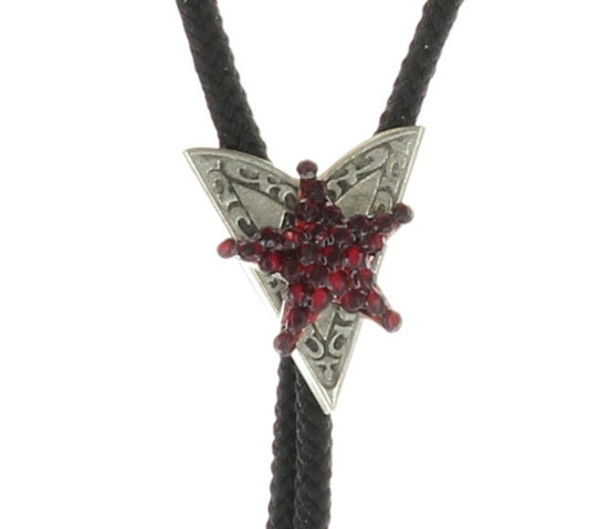 Red Crystal Star Bolo Tie, AB stones, 36" black cord with silver tips, Each