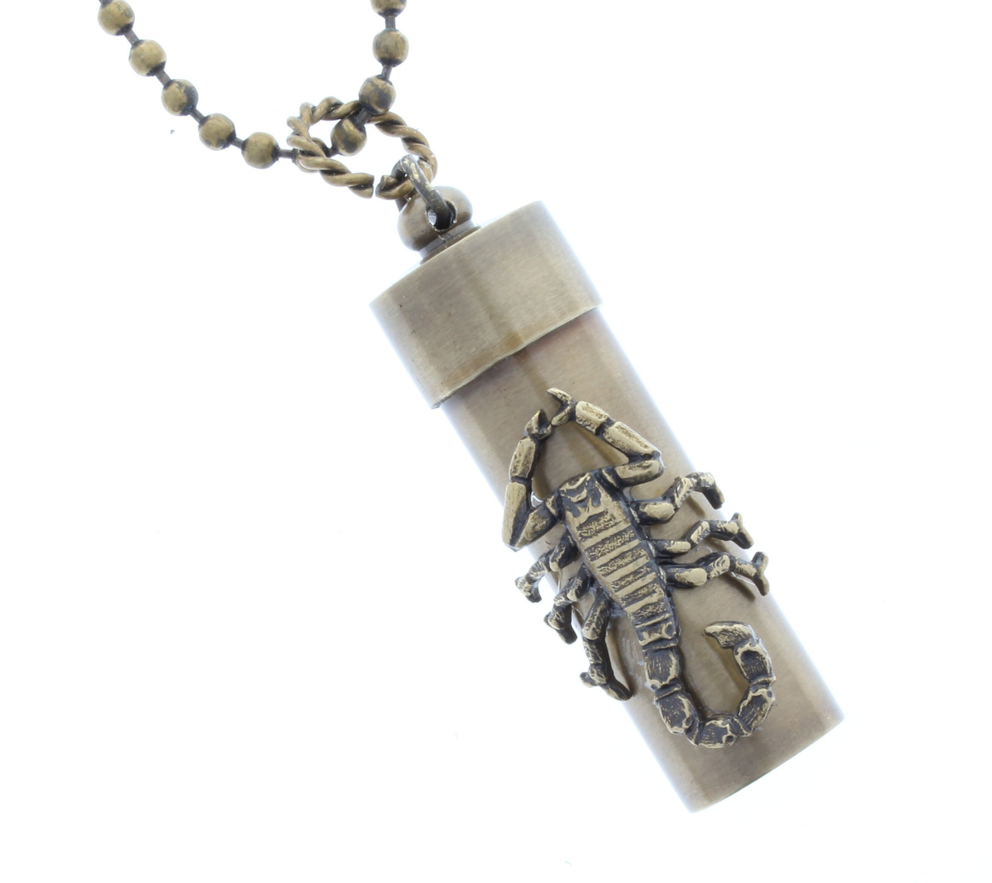 Scorpion Brass Canister Pill Box Pendant Necklace, 2"L, twist off cap, 18" or 24" ball chain, burnished brass, Made in USA, Each