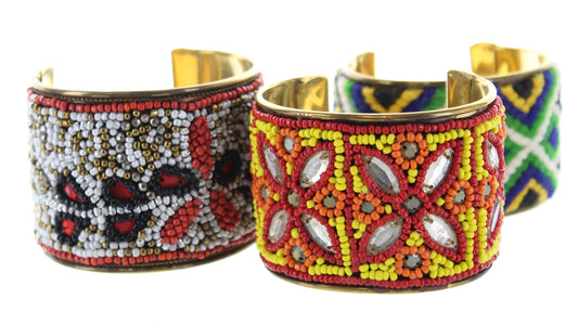 Flower Blossom Cuff Bracelets, Adjustable, Burnished Gold Brass, Beaded Woven Mosaic in Red, Yellow, White, Black, Handmade, set of 3