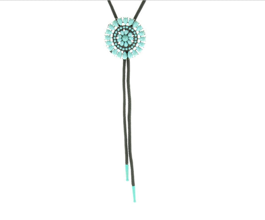 Squash Blossom Bolo Tie with faux Turquoise Stones, 36" woven cord in black, jute or turquoise, fabric gift bag, handmade in USA, Each