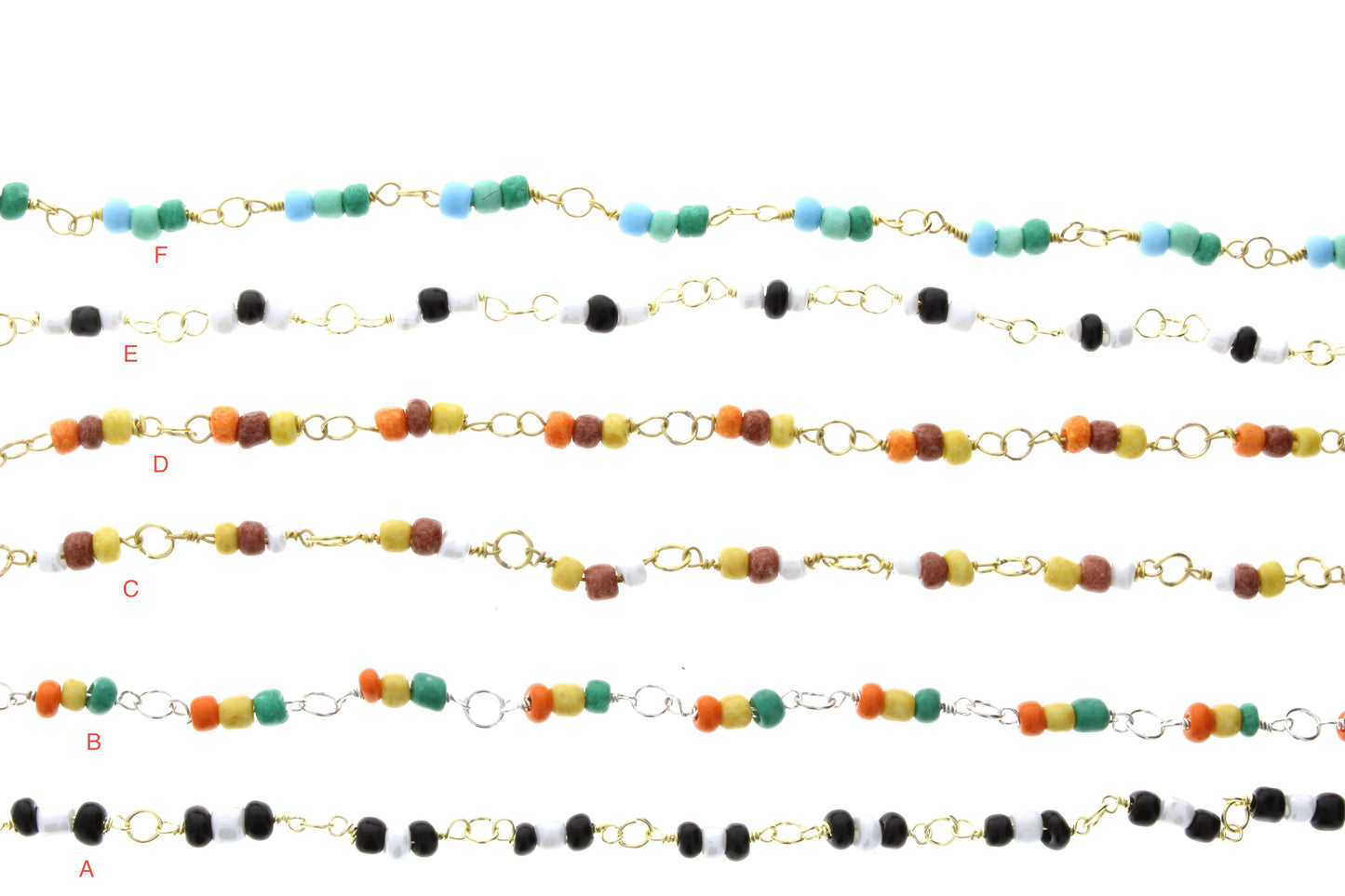 Glass Beaded Chain, sold by 10' spool, glass beads links, Turquoise, Navy Blue, Red, Orange, Yellow, Green, 6 color ways, 10 foot chain