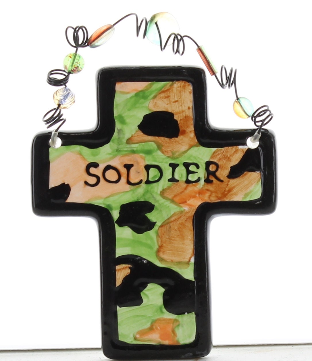 Camoflauge Ceramic Cross Wall Decor with beaded loop, black, green, brown, 4" tall, pack of 3