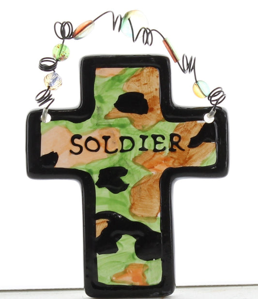 Camoflauge Ceramic Cross Wall Decor with beaded loop, black, green, brown, 4" tall, pack of 3