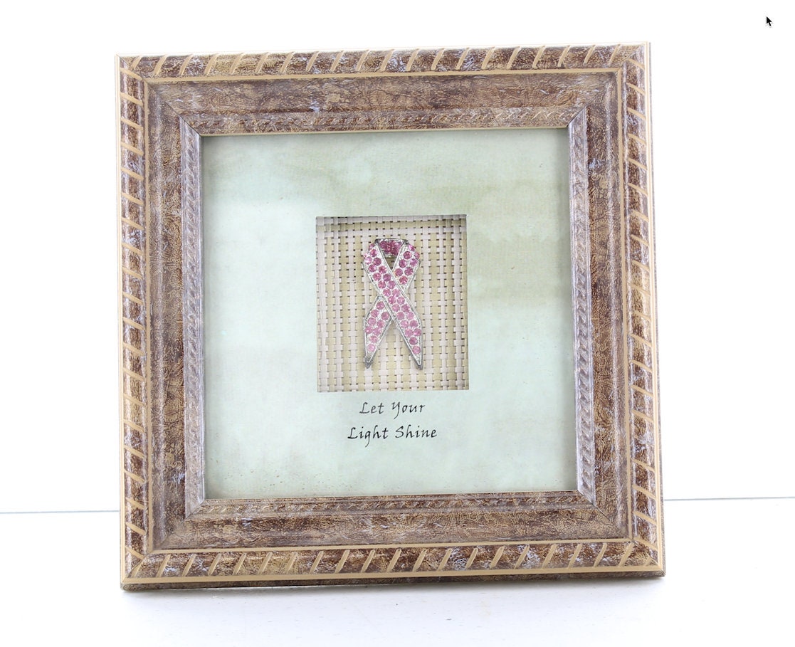 Shadow Box Frame Decor "Let your light shine" with Pink Crystal Bow, Find the Cure Breast Cancer, 7" sq