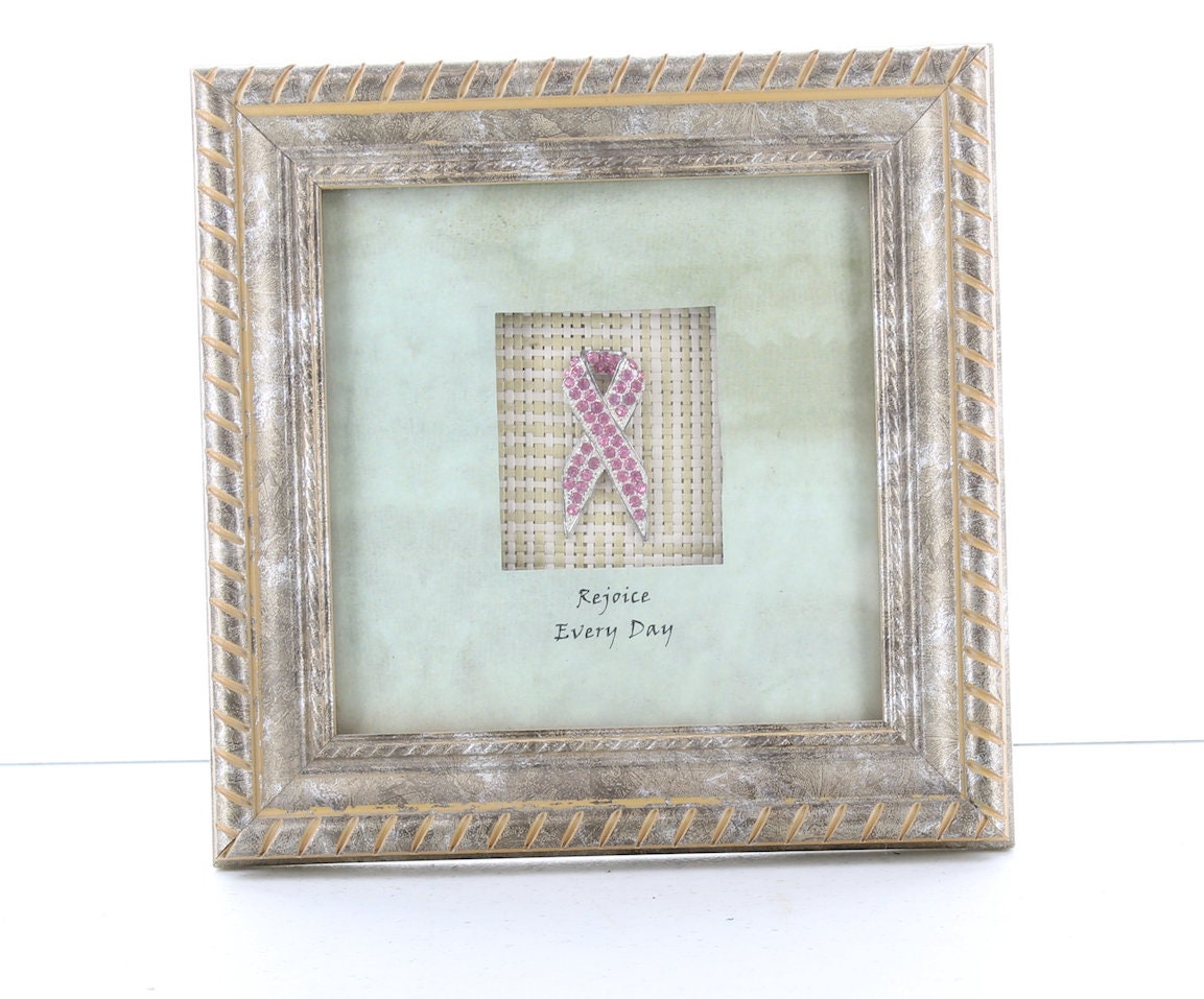 Shadow Box Frame Decor with "Rejoice Every Day" with Pink Crystal Bow, Find the Cure Breast Cancer,7" sq 803285