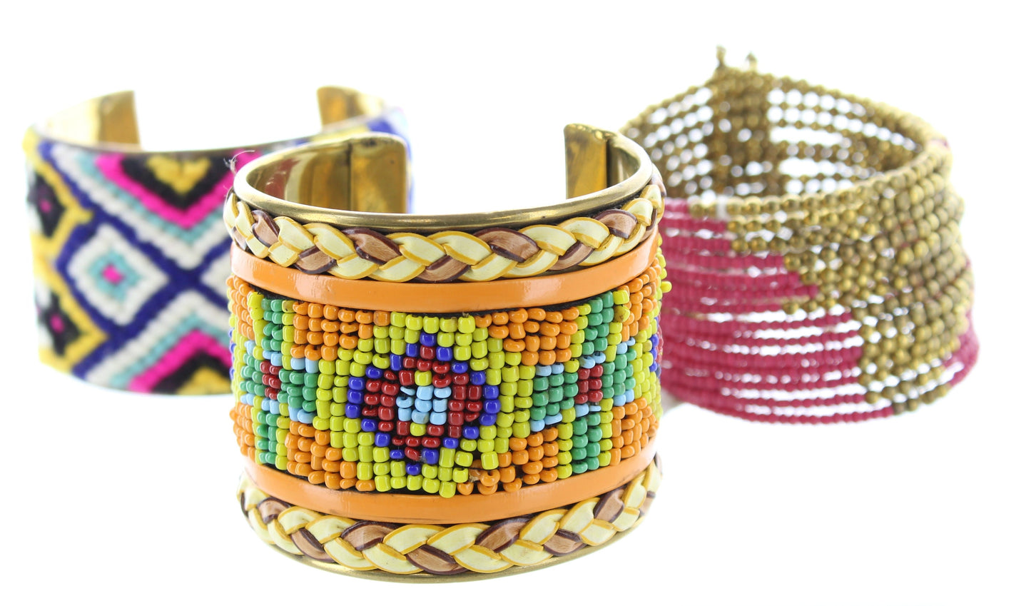 Beaded Woven Mosaic Cuff Bracelets, Adjustable, HandmadeCuff, handmade , metal,   set of 3 pcs,  adjustable, 2.25" wide and tapered,