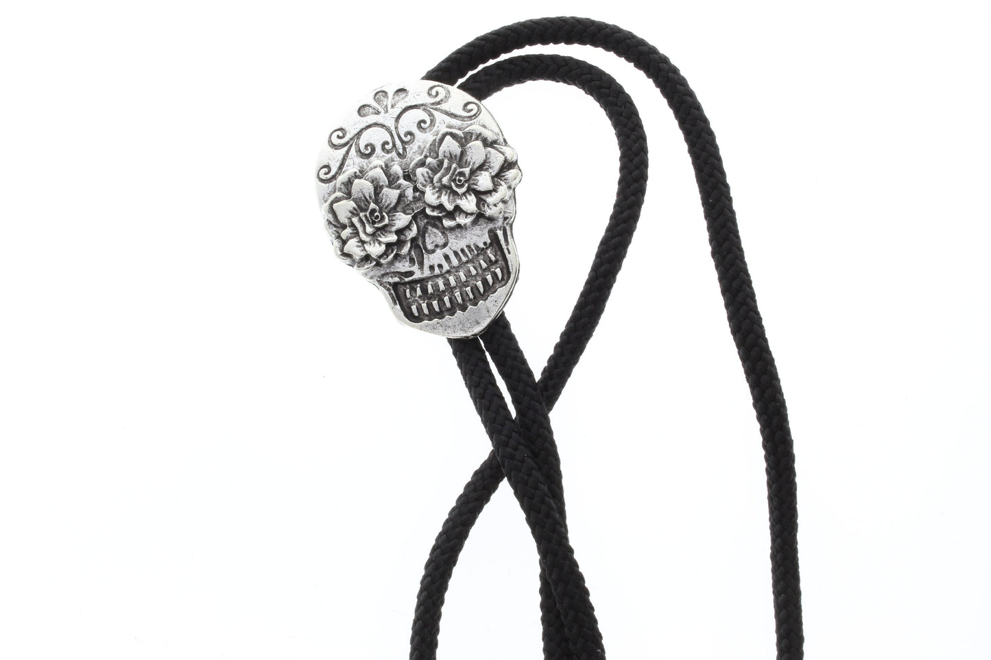 Day of the Dead Bolo Tie, Sugar Skull Bolo, Antique Silver, Gold or Copper with metal tips, 36" cord, Made in USA, Each