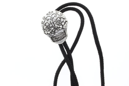 Day of the Dead Bolo Tie, Sugar Skull Bolo, Antique Silver, Gold or Copper with metal tips, 36" cord, Made in USA, Each