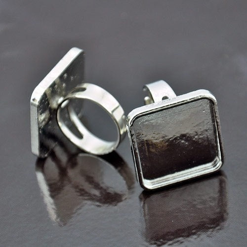 25mm Square Ring Bezel Base, adjustable silver band, Pack of 2    (J722S)