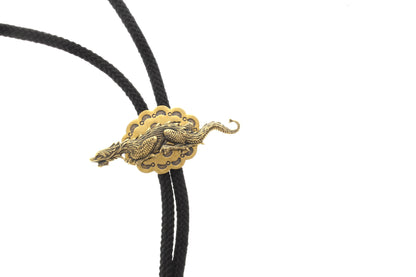 Dragon Concho Bolo Tie in Hamilton Golf Finish, 36" black, olive green, turquoise or red cord with gold tips, made in USA, Each