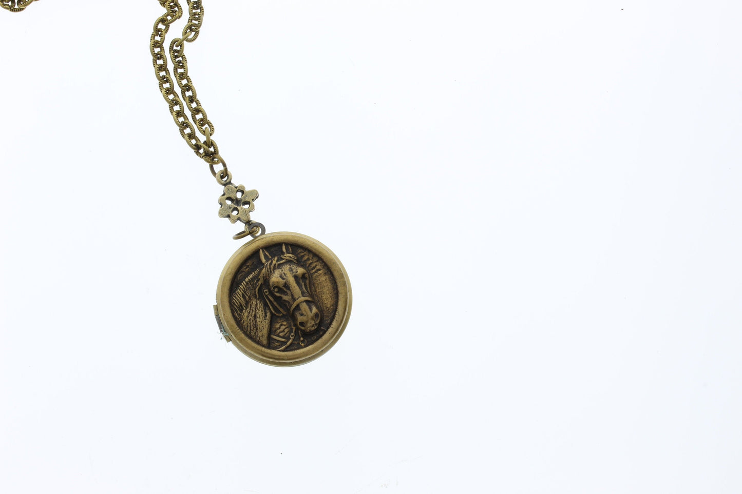 Horse Locket, 1.25" diameter, 18" chain, antique gold, Made in USA, Each