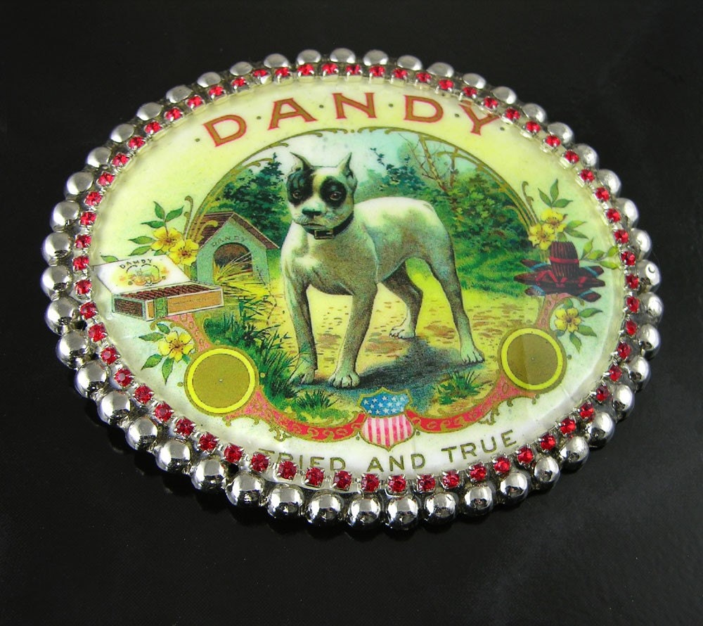 Vintage Cigar Box Art "Dandy the Dog" Buckle and Leather Belt Set