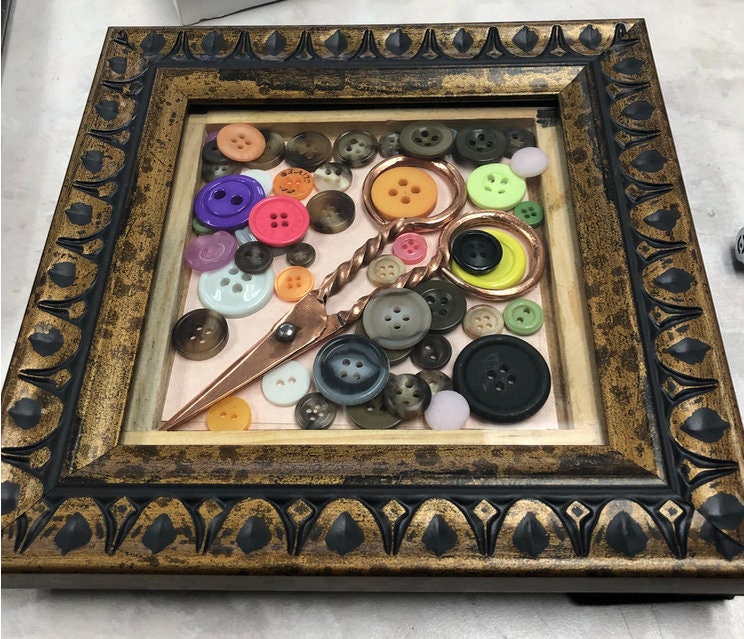 Seamstress Shadow Box Frame Wall Decor with Buttons and Vintage Scisso ...