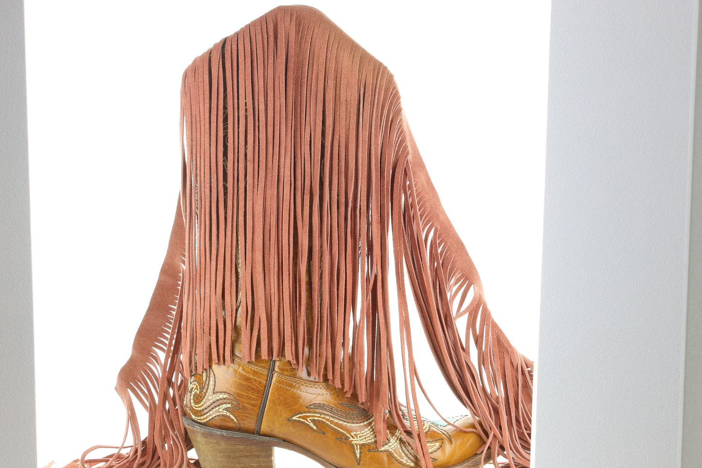 Suede Leather Fringe in Orange, 10 inch length with 1/2 bias at the top, Made in USA, sold by foot