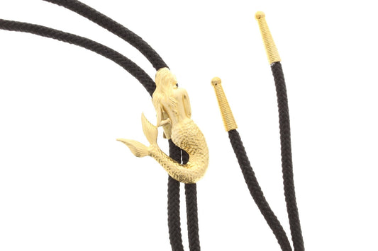 Mermaid Bolo Tie with matching tips, Made in USA, Hamilton gold or Antique Silver finish, 36" black or turquoise cord, Each
