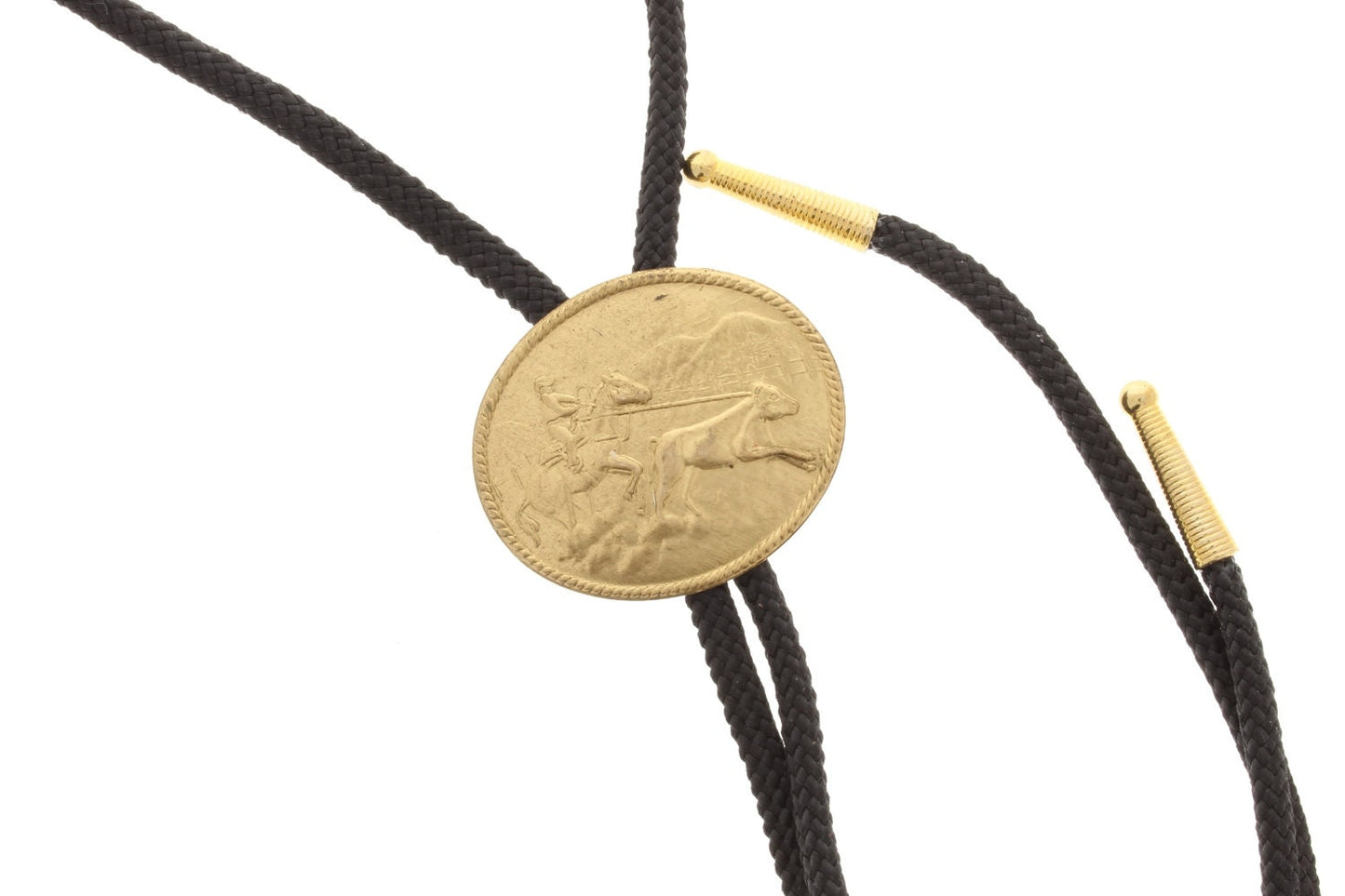 Calf Roping Bolo Tie, Made in USA, gold finish, 36" black or red cord with gold tips, Each