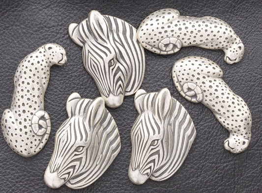 Zoo Jewelry collection, 3 zebras and 3 cheetahs, flat back, antique silver for buttons, earrings, rings, pins & pendants, pack of 6/Z-C 1