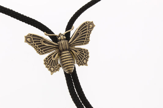 Large Moth Bolo Tie Lariat in git bag, antique gold with tips, 36" cord in black, red, turquoise or olive green, handmade in USA, Each