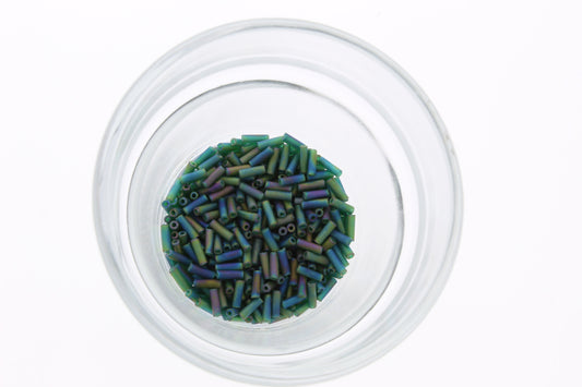 Japanese Matsuno Glass Bugle Beads #3, Transparent Frost AB/ Emerald Green, Approx 582 beads 18028,20