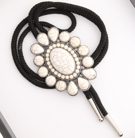 Squash Bolo Tie, White Turquoise Oval bolo on 36" black cord or jute cord, made in USA, each