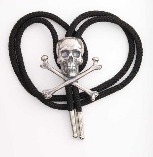 Skull & Bones Jolly Roger Bolo Tip ,  antique Silver on 36" black, jute or red cord with tips, made in USA, each