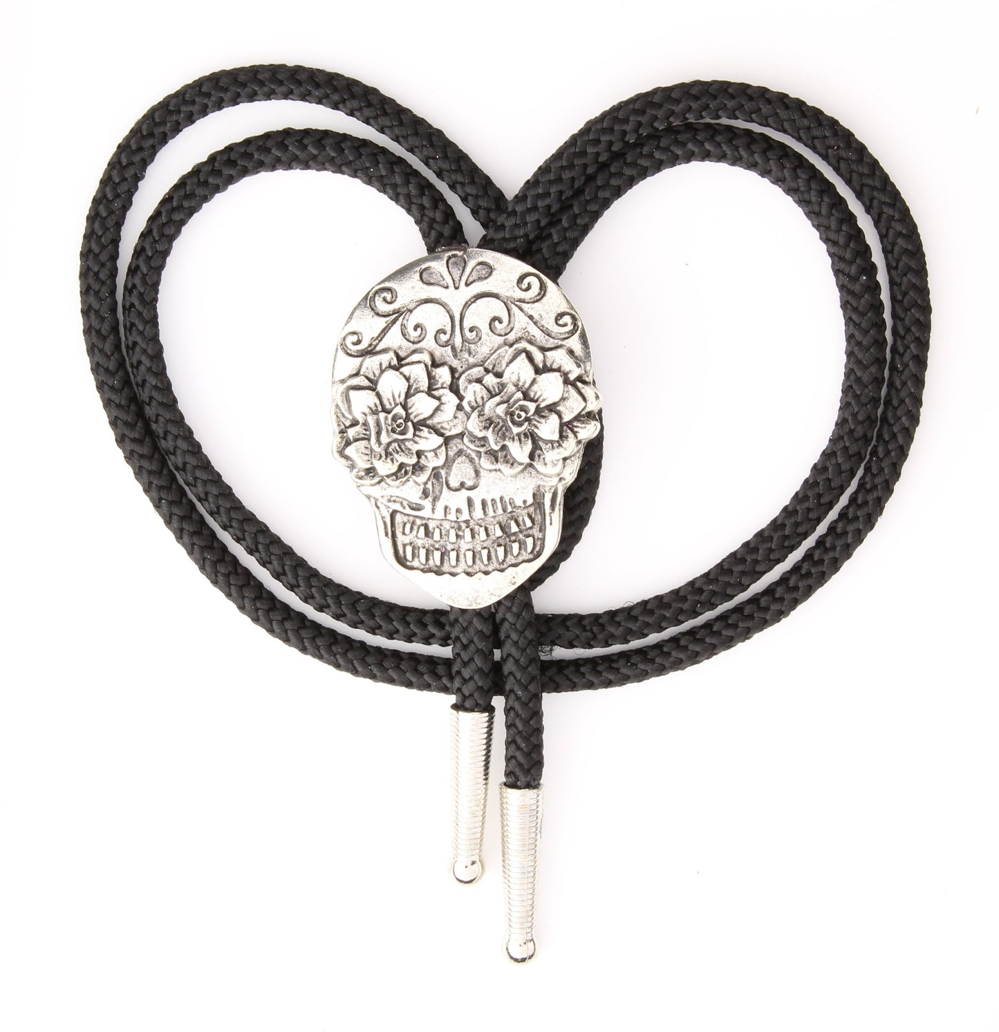 Day of the Dead Bolo Tie, Sugar Skull Bolo, Antique Silver, Gold or Copper with metal tips, 36" cord, Made in USA, Each