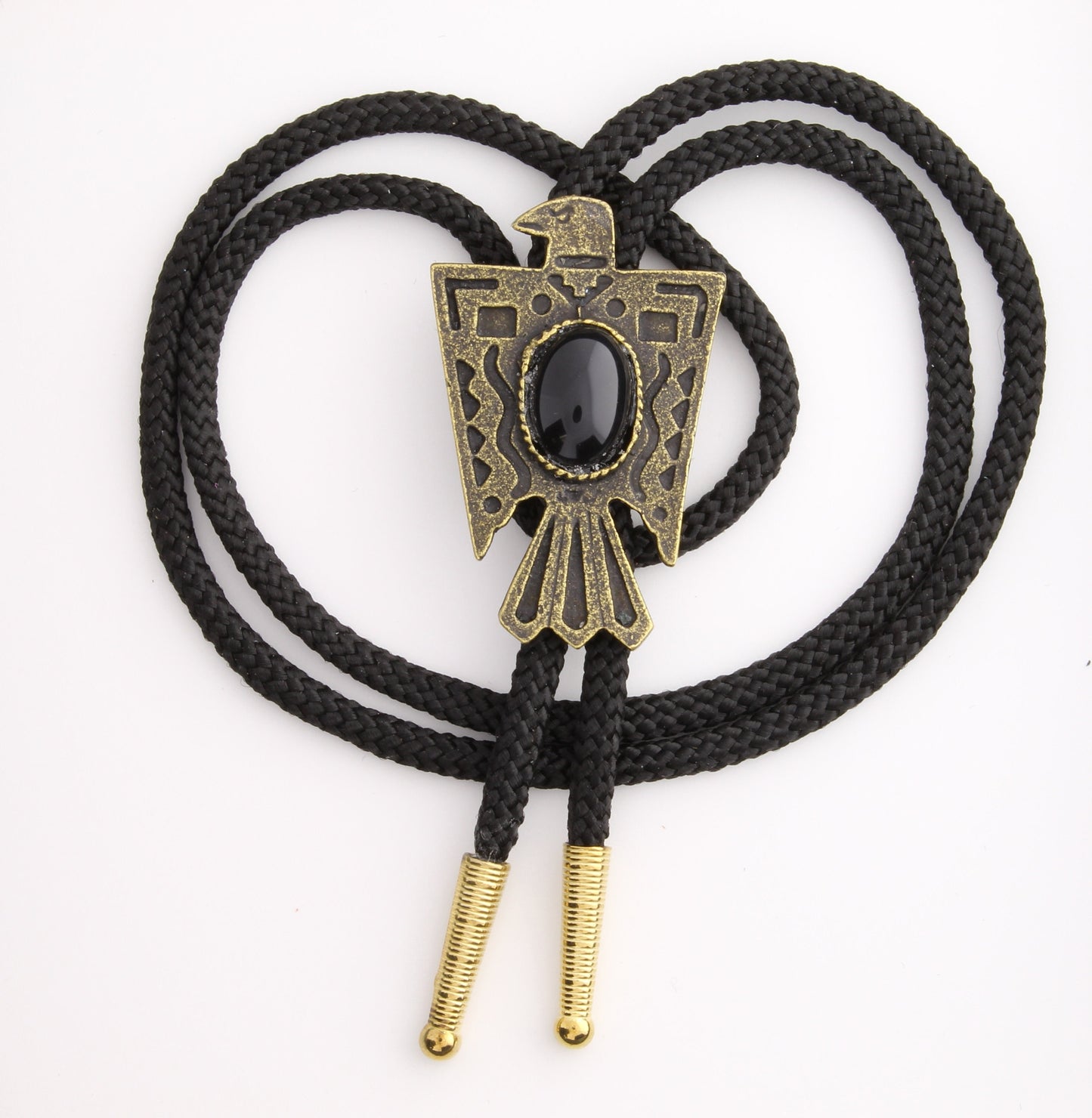 Thunderbird Phoenix Bolo Tie with black stone, antique gold, gold tips, Choose Black or Red 35" Cord, 56mm, Made in USA, Each