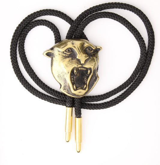 Panther Wildcat Bolo Tie Lariat, antique gold on black or red 36" cord, made in USA, Each