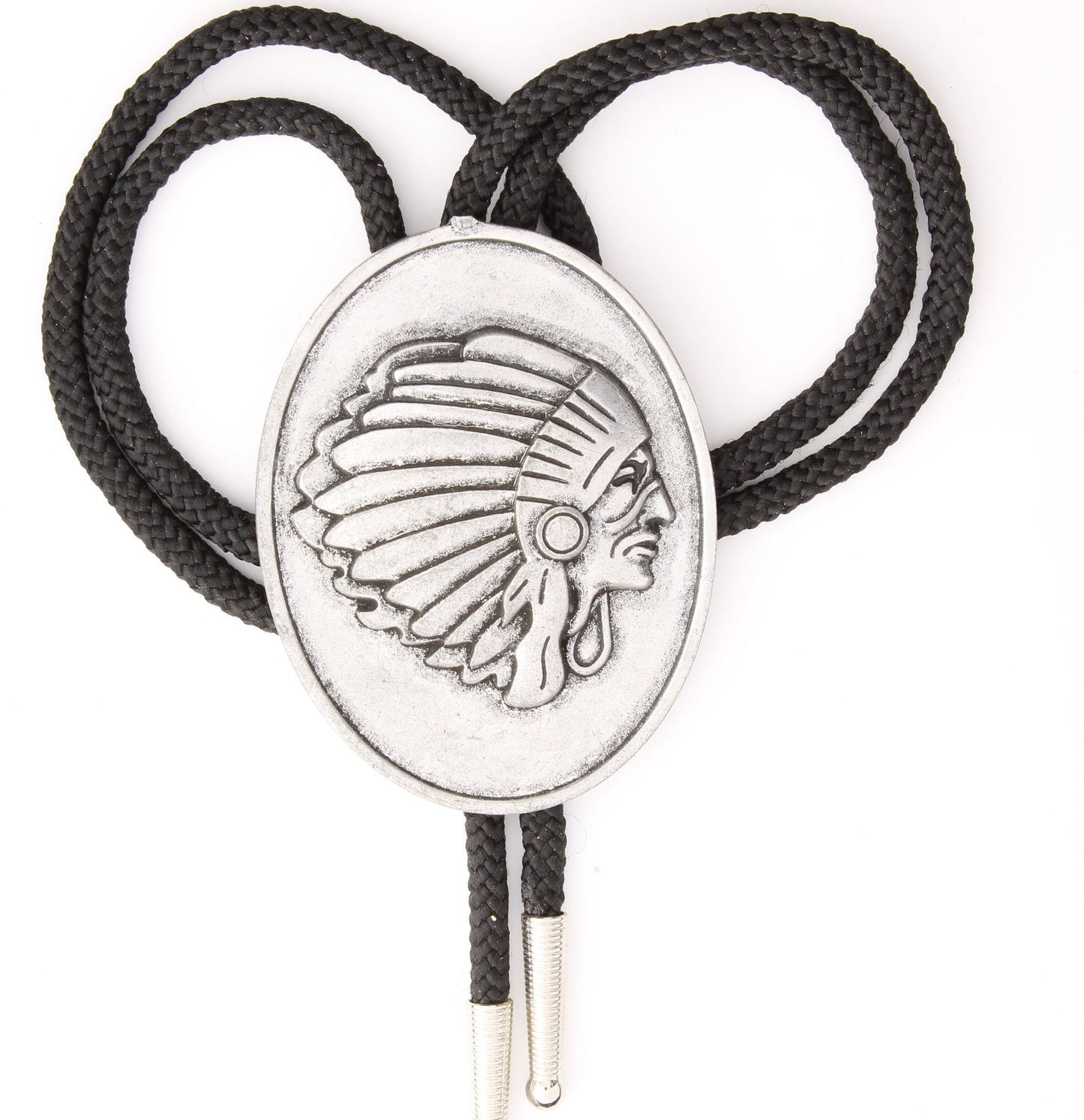 Indian Chief Bolo Tie, Antique silver on black 36" cord, each