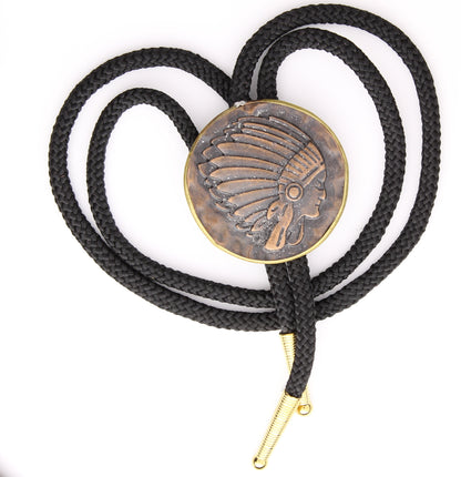 Indian Chief bolo tie, antique gold on 36" black cord with tip, in fabric gift bag, made in USA, each