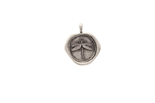 Dragonfly Wax Seal pendant, Made in USA, Antique Silver or Antique Gold, 35mm, each