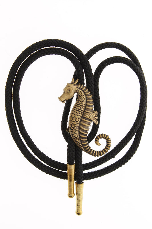 Sea horse bolo tie in antique gold, 36" cord in black, red, turquoise or olive green, Made in USA, Each