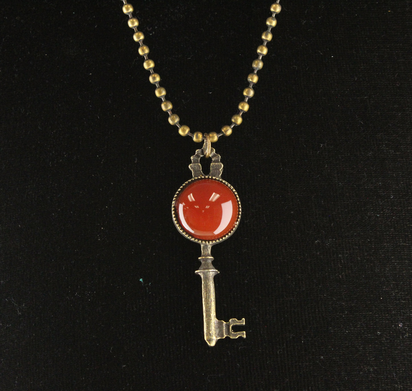 Key Pendant Necklace with Red Jasper Stone, Antique Gold Ball Chain, 18" or 24", Made in USA, each