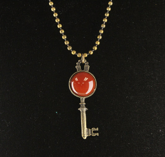 Key Pendant Necklace with Red Jasper Stone, Antique Gold Ball Chain, 18" or 24", Made in USA, each