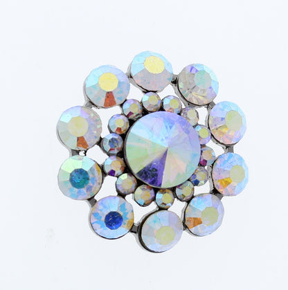 Crystal Flower Button, shank, faceted AB crystal stones in silver, 1.4" wide, Each