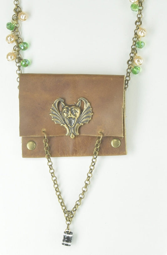 Leather Pouch Purse Gargoyle Necklace, reclaimed leather handcrafted with vintage components and chain, Made in USA, Each