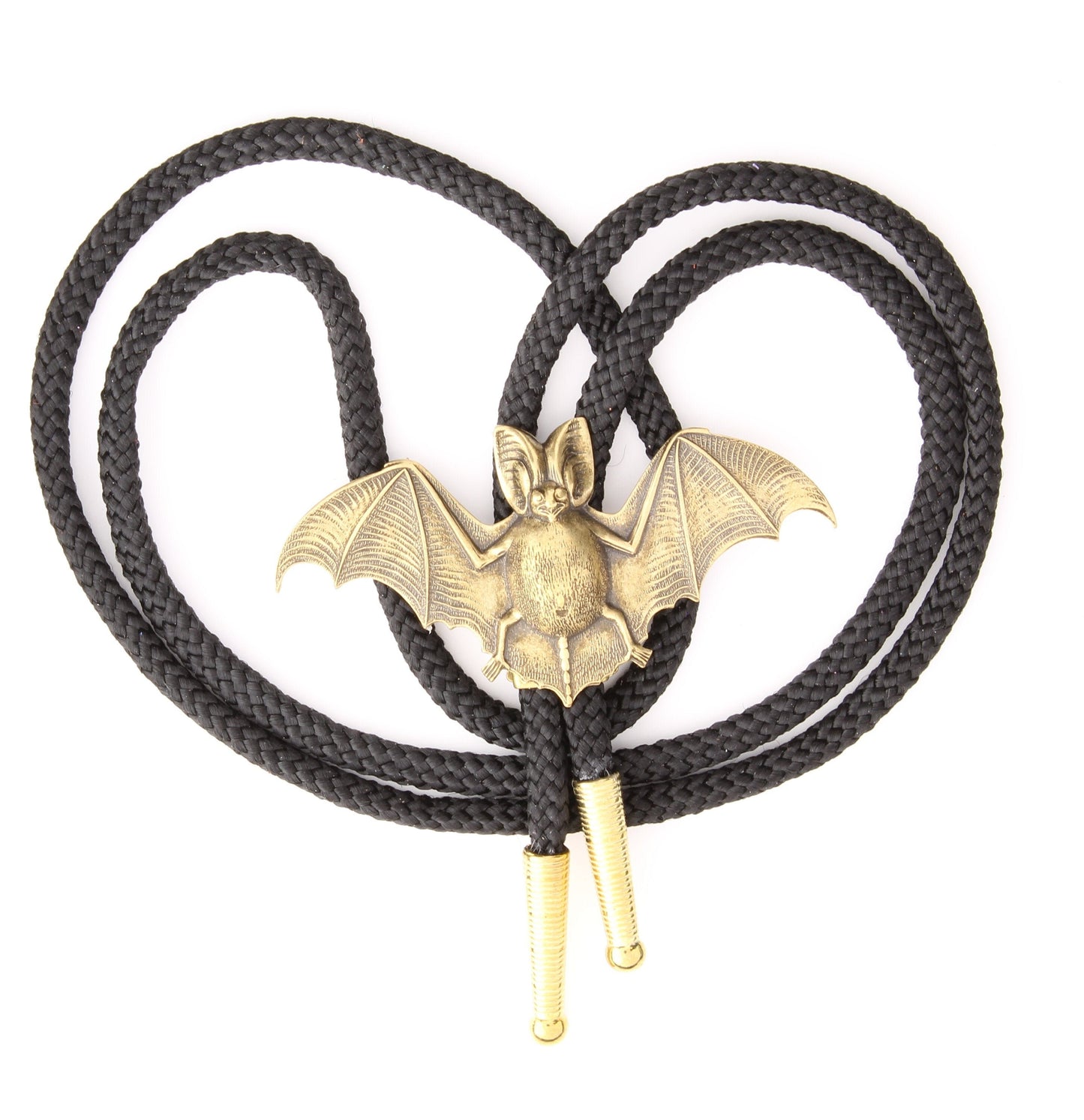 Bat Bolo Tie, antique gold bolo lariat on black, 36" cord, Made in USA, Each