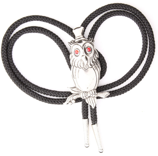 Owl Bolo Tie with red stones, silver on 36" black cord and tips, made in USA, each